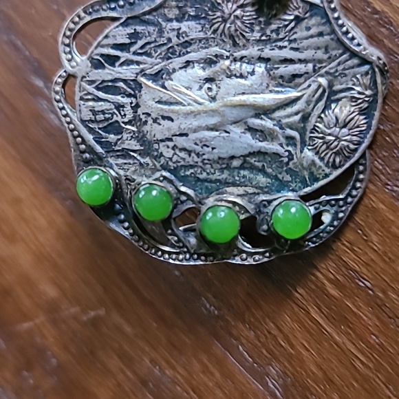 Antique Art Nouveau Brooch Silver With Green Accent - Picture 2 of 8